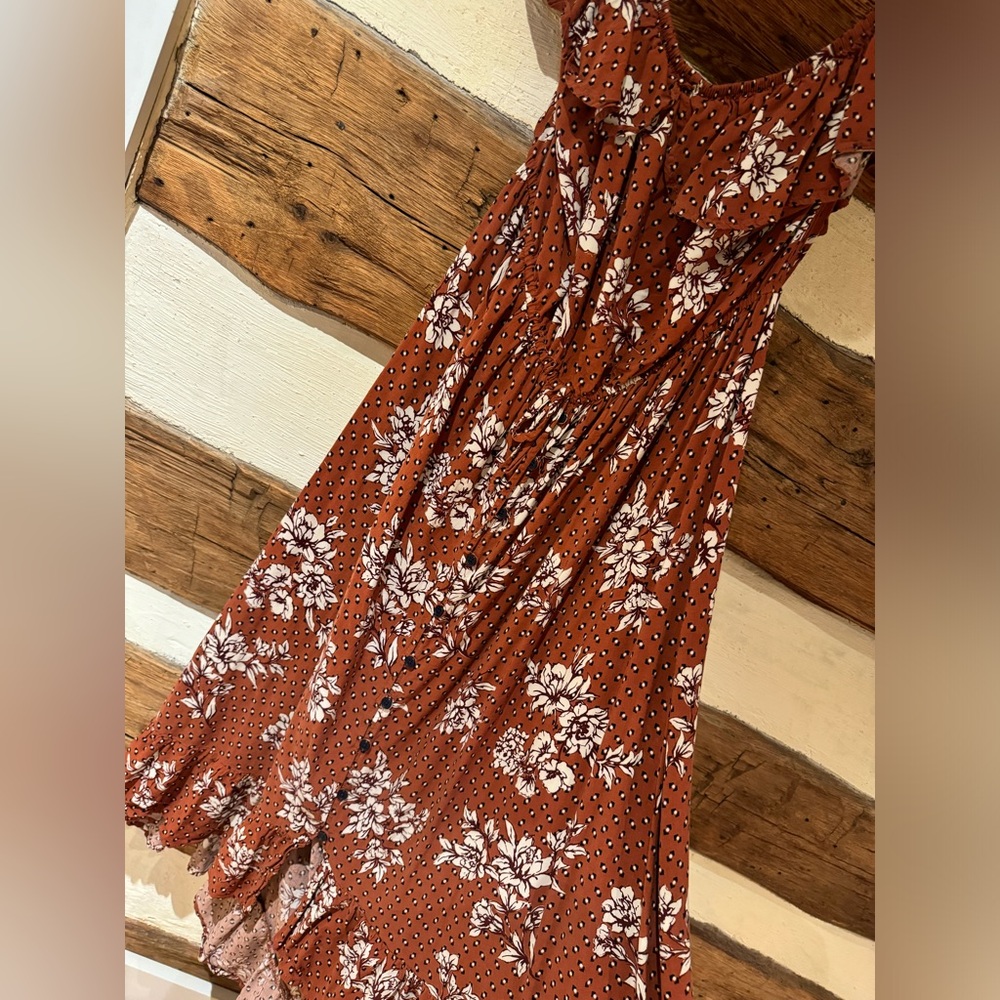 Maurice’s Rustic Brown Floral Summer Off the Shoulder Maxi Dress